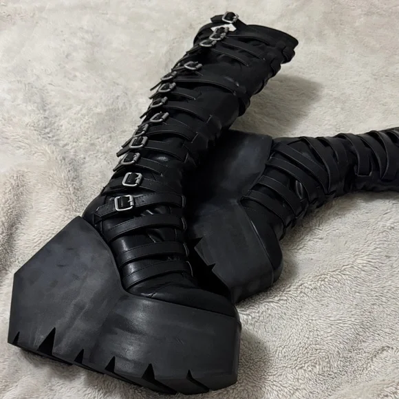 Gothic Black Buckle Strappy Monster Wedge Knee High Platform Boots - 9 - Picture 12 of 17